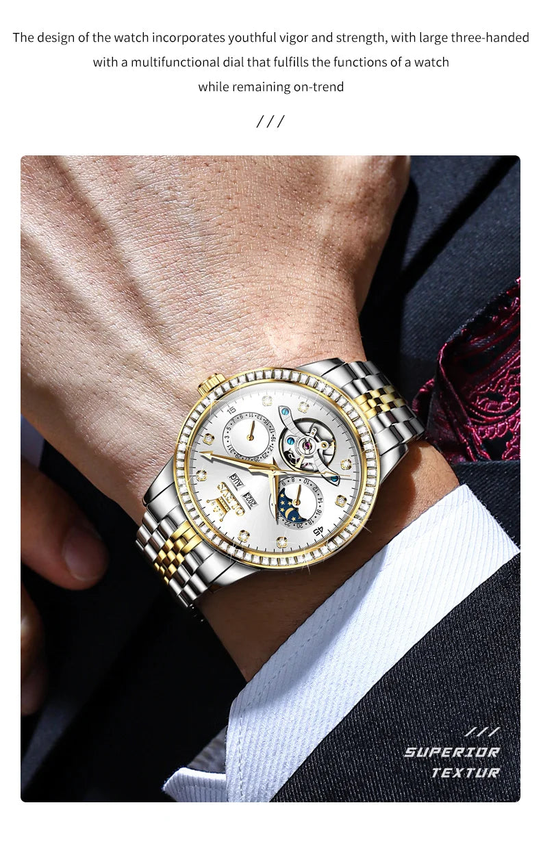 OLEVS 7016 Moon Phase Mens Watch Stainless Steel Diamond Bezel Hollowed Multifunctional Automatic Mechanical Wristwatch for Man