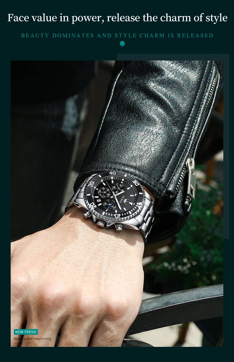 OLEVS Moon Phase Men's Watches Original Waterproof Luxury Quartz Watch Stainless Steel Chronograph Date Rota Dial Wristwatch