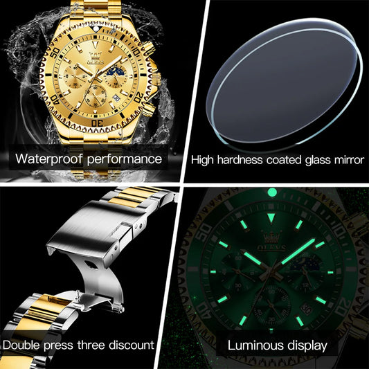 OLEVS 2870 Men Watch 42.5mm Big Dial Chronograph Moon Phase Waterproof Sports Watches Original Fashion Quartz Watch for Men 2025