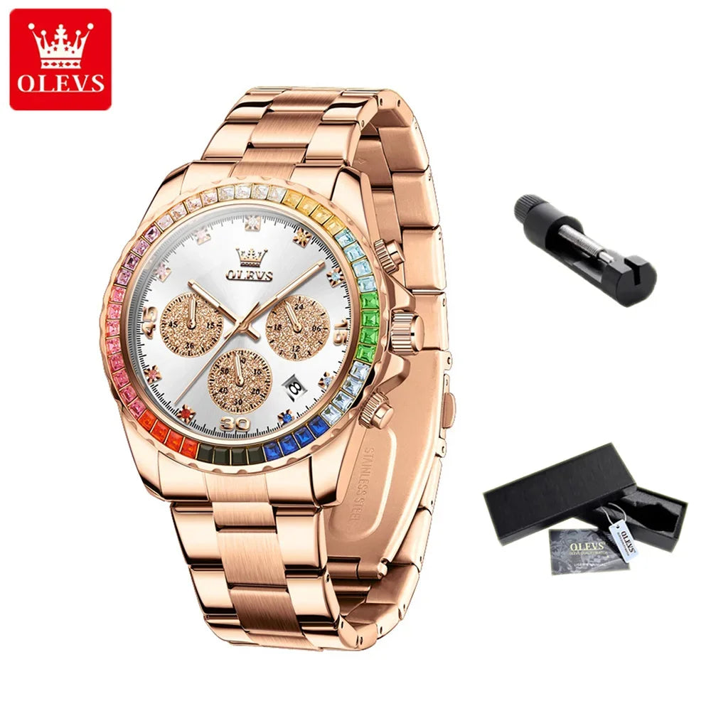 OLEVS Luxury Top Brand Quartz Men's Watch Multi function Stainless Steel Rainbow Gemstone Bezel Watch for Men reloj de hombre