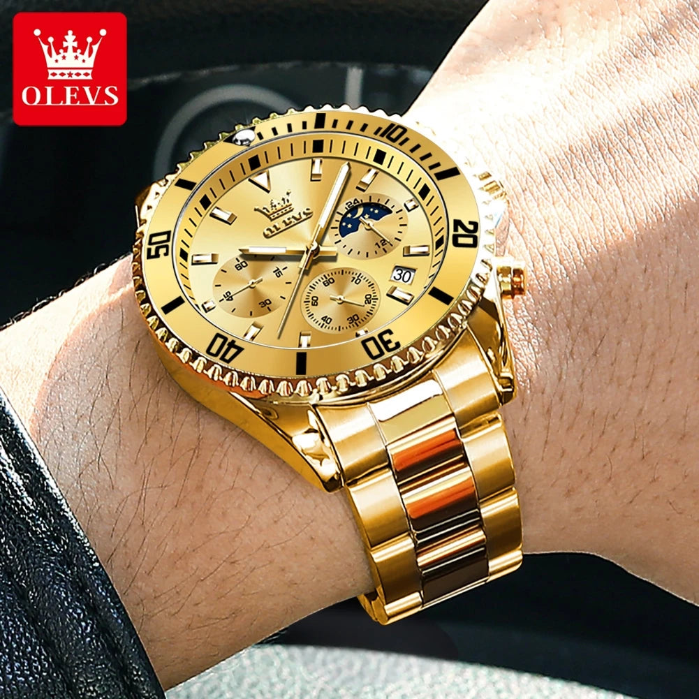 OLEVS 2870 Luxury Golden Watch for Men Fashion Business Waterproof Male Wristwatch Original Brand Moon Phase Quartz Men's Watch