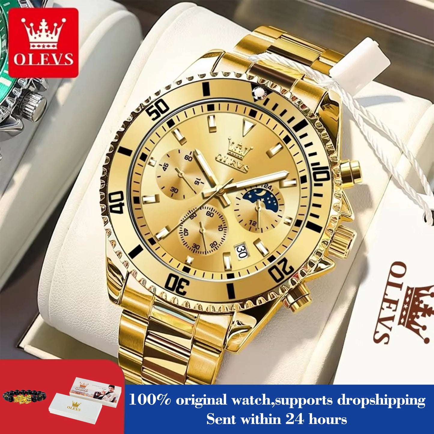 OLEVS 2870 Men Watch 42.5mm Big Dial Chronograph Moon Phase Waterproof Sports Watches Original Fashion Quartz Watch for Men 2025