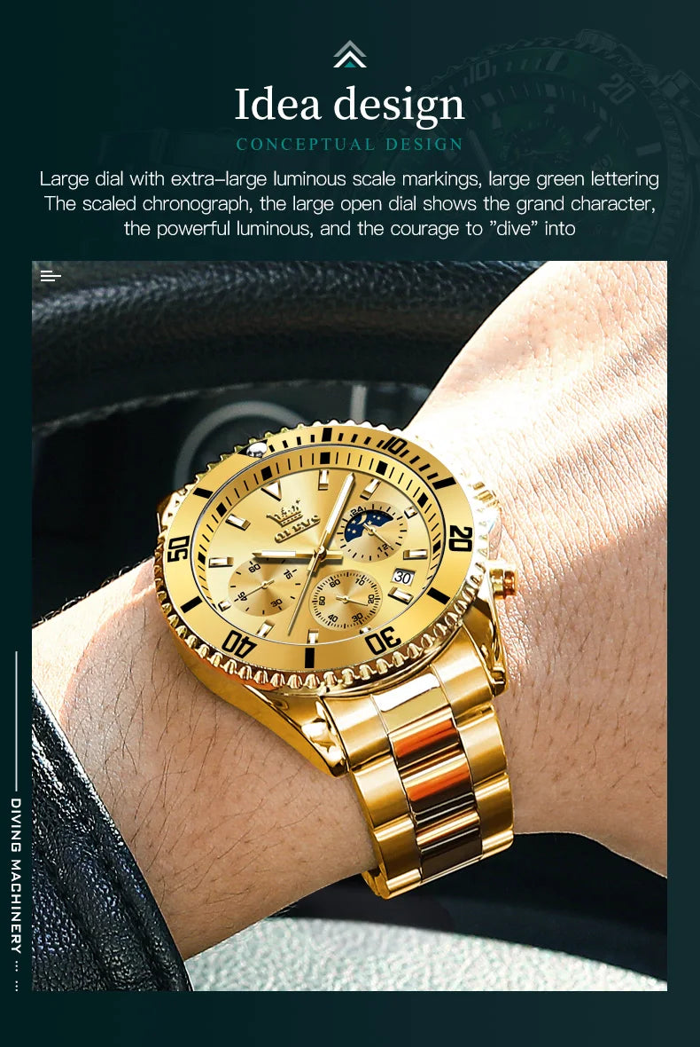 OLEVS 2870 Luxury Golden Watch for Men Fashion Business Waterproof Male Wristwatch Original Brand Moon Phase Quartz Men's Watch