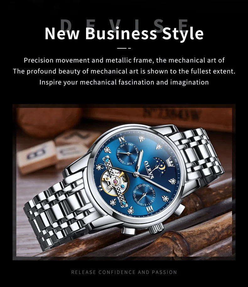 OELVS 6678 Men's Watches Luxury Original Automatic Mechanical Tourbillon Watch for Man Waterproof Luminous Date Week Moon Phase