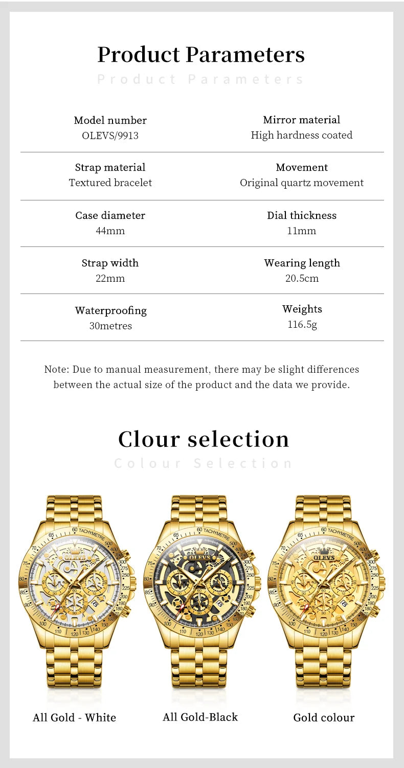 OLEVS 9913 Man Watches 44mm Big Dial Luxury Business Quartz Watch For Men Waterproof Luminous Chronograph Fashion Men Hand Clock
