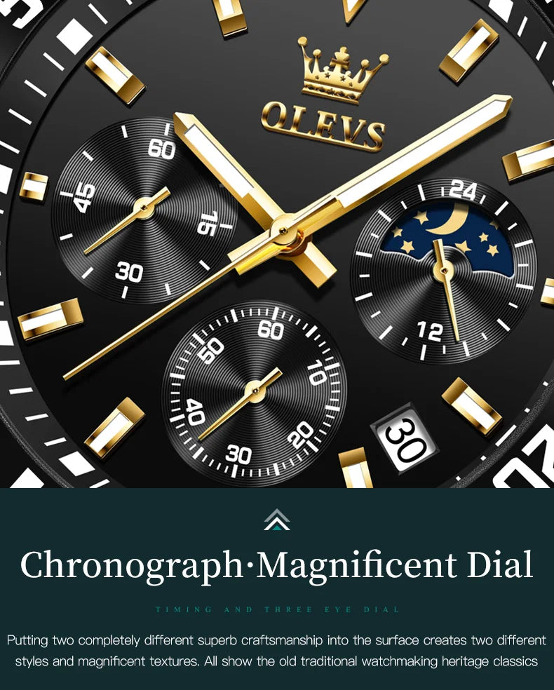 OLEVS Moon Phase Men's Watches Original Waterproof Luxury Quartz Watch Stainless Steel Chronograph Date Rota Dial Wristwatch