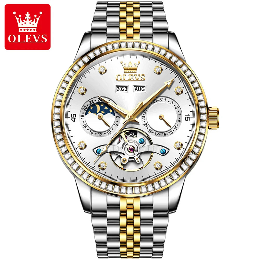 OLEVS 7016 Moon Phase Mens Watch Stainless Steel Diamond Bezel Hollowed Multifunctional Automatic Mechanical Wristwatch for Man