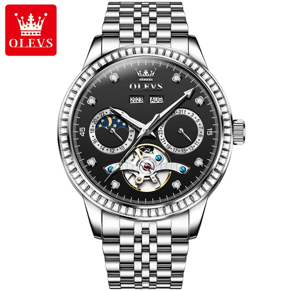 OLEVS 7016 Moon Phase Mens Watch Stainless Steel Diamond Bezel Hollowed Multifunctional Automatic Mechanical Wristwatch for Man