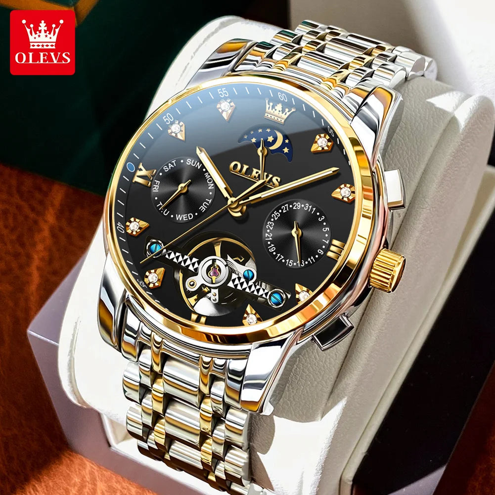 OELVS 6678 Men's Watches Luxury Original Automatic Mechanical Tourbillon Watch for Man Waterproof Luminous Date Week Moon Phase