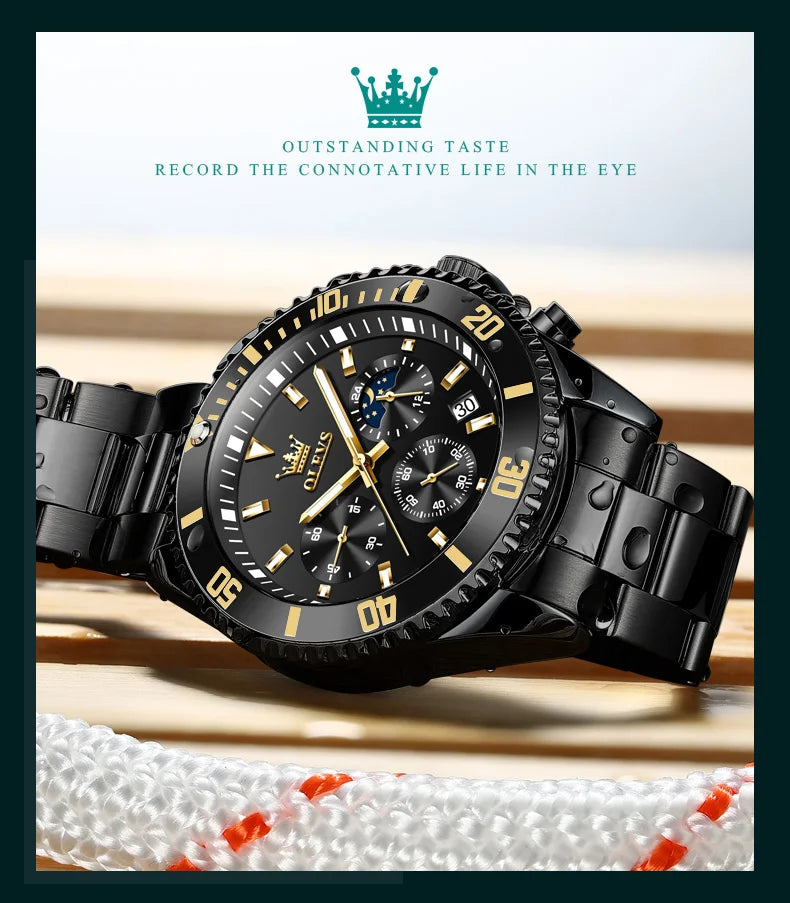 OLEVS Moon Phase Men's Watches Original Waterproof Luxury Quartz Watch Stainless Steel Chronograph Date Rota Dial Wristwatch