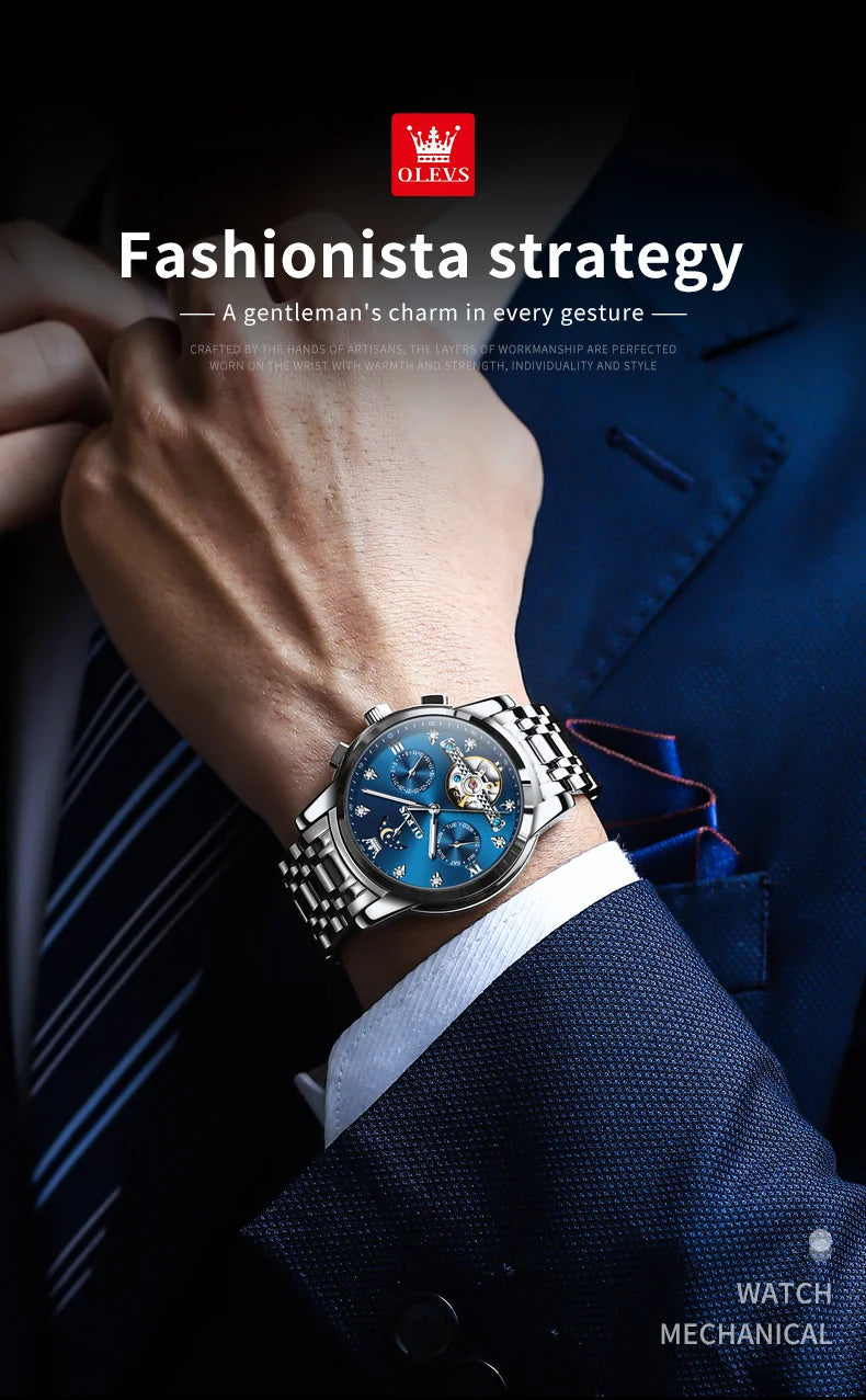 OELVS 6678 Men's Watches Luxury Original Automatic Mechanical Tourbillon Watch for Man Waterproof Luminous Date Week Moon Phase