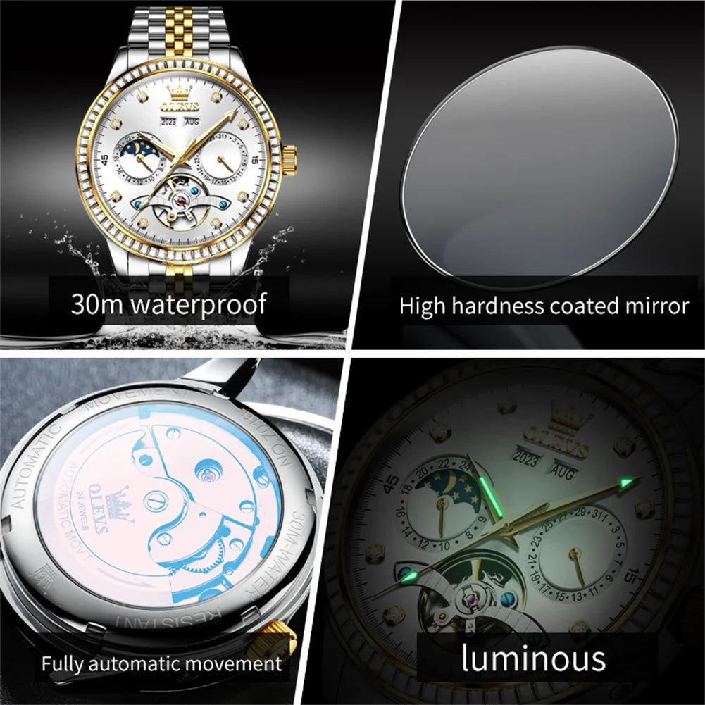 OLEVS 7016 Moon Phase Mens Watch Stainless Steel Diamond Bezel Hollowed Multifunctional Automatic Mechanical Wristwatch for Man