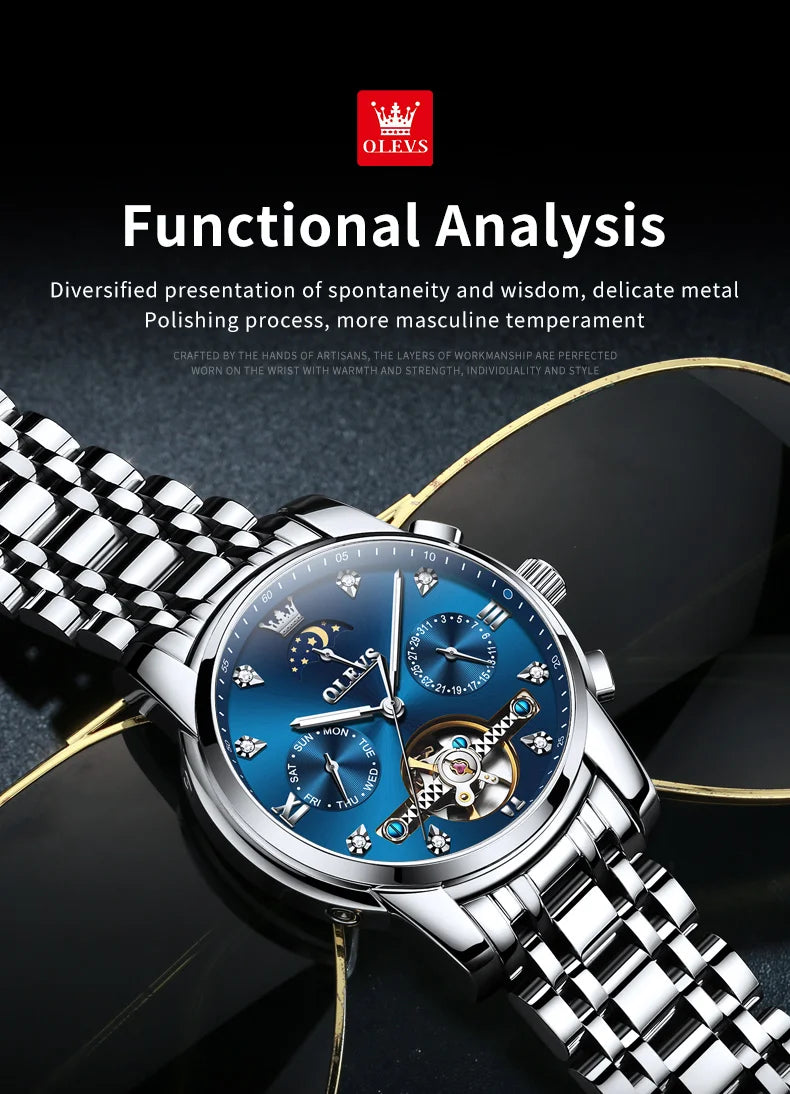OELVS 6678 Men's Watches Luxury Original Automatic Mechanical Tourbillon Watch for Man Waterproof Luminous Date Week Moon Phase
