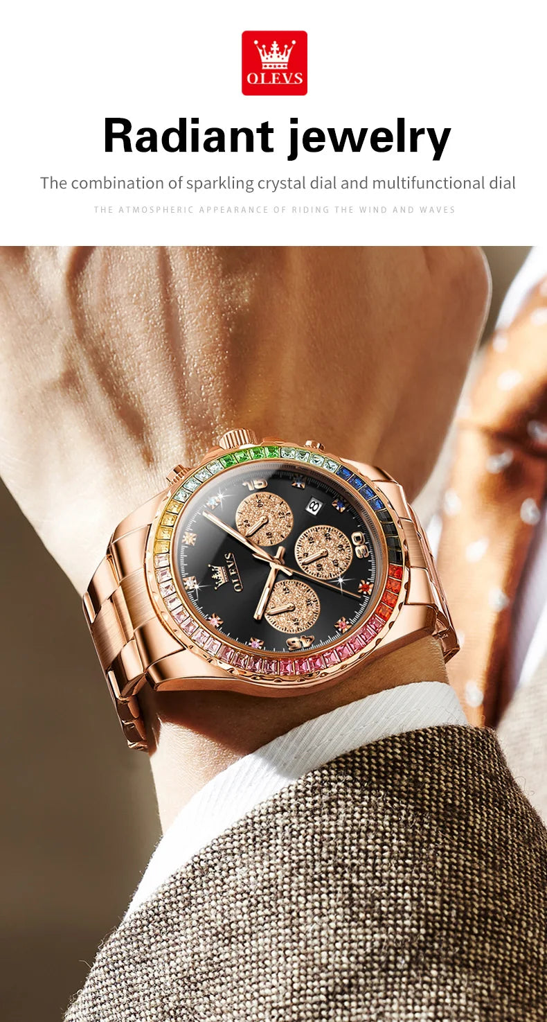 OLEVS Luxury Top Brand Quartz Men's Watch Multi function Stainless Steel Rainbow Gemstone Bezel Watch for Men reloj de hombre