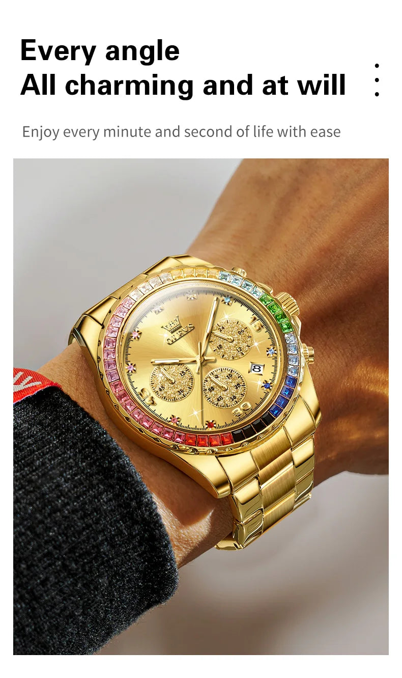 OLEVS Luxury Top Brand Quartz Men's Watch Multi function Stainless Steel Rainbow Gemstone Bezel Watch for Men reloj de hombre