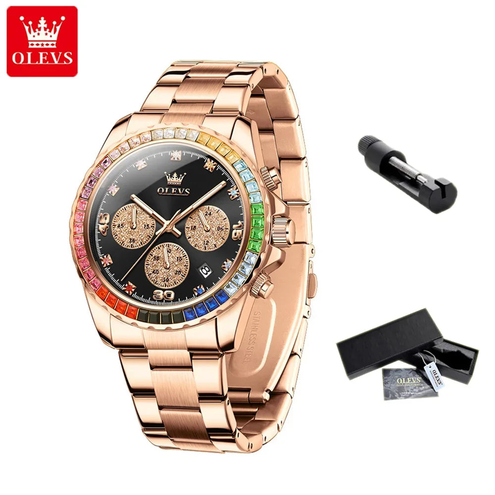 OLEVS Luxury Top Brand Quartz Men's Watch Multi function Stainless Steel Rainbow Gemstone Bezel Watch for Men reloj de hombre