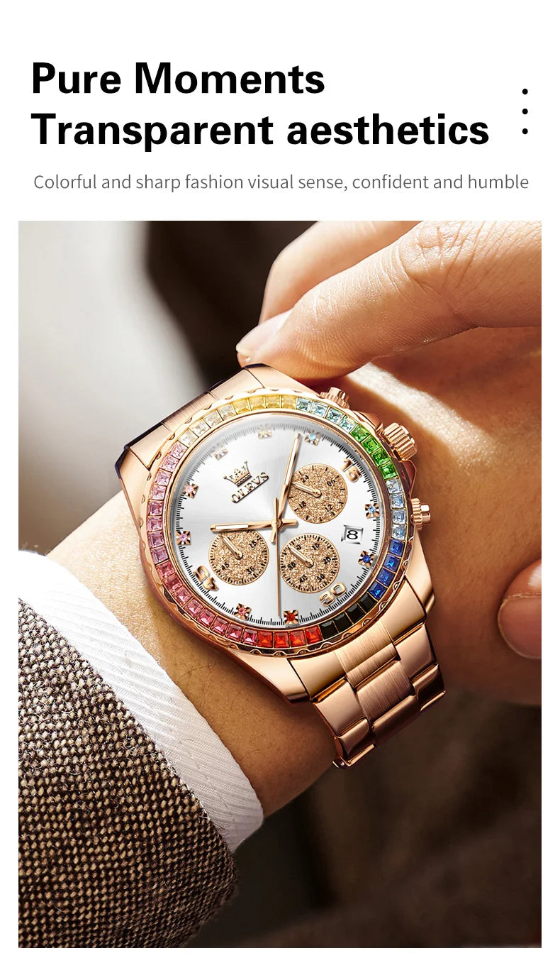 OLEVS Luxury Top Brand Quartz Men's Watch Multi function Stainless Steel Rainbow Gemstone Bezel Watch for Men reloj de hombre