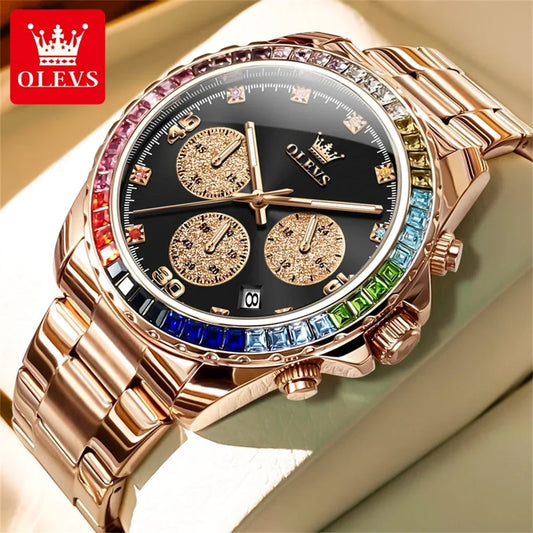 OLEVS Luxury Top Brand Quartz Men's Watch Multi function Stainless Steel Rainbow Gemstone Bezel Watch for Men reloj de hombre
