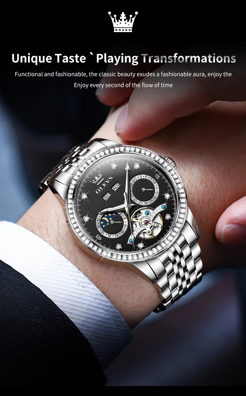 OLEVS 7016 Moon Phase Mens Watch Stainless Steel Diamond Bezel Hollowed Multifunctional Automatic Mechanical Wristwatch for Man