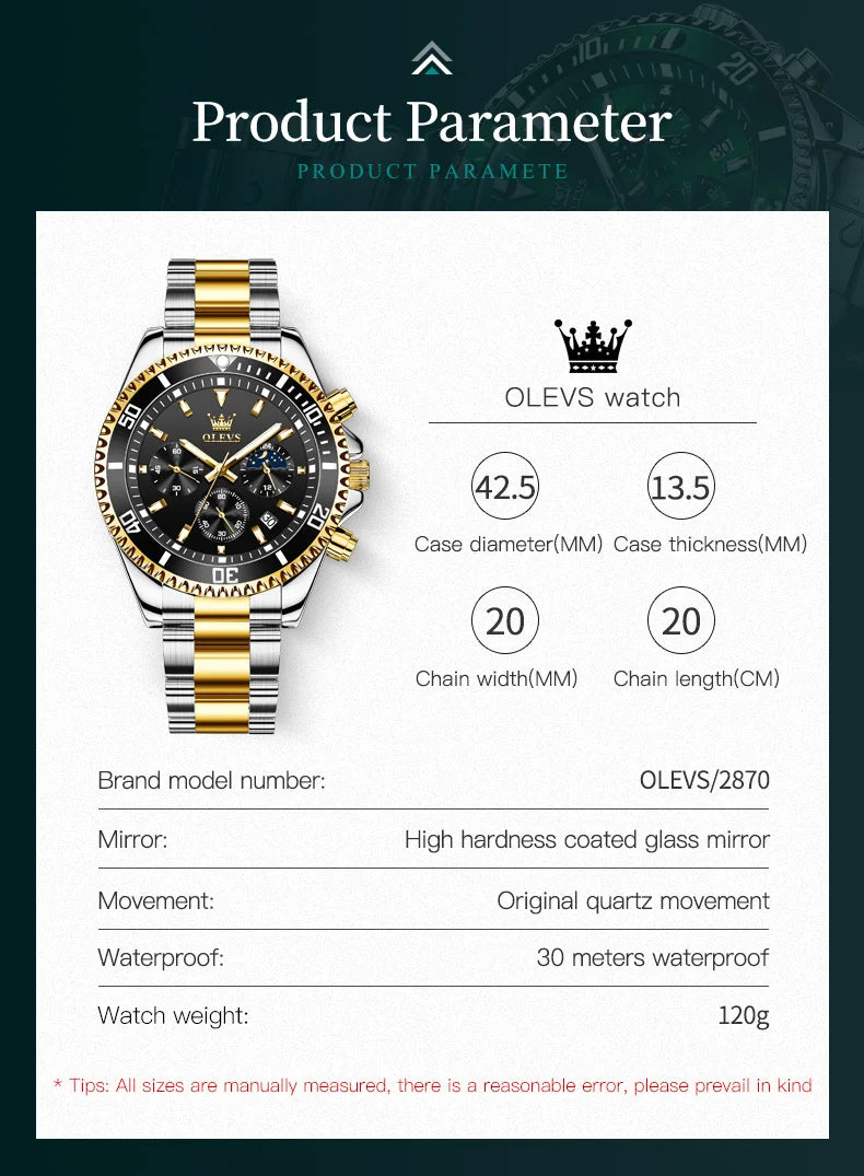 OLEVS Moon Phase Men's Watches Original Waterproof Luxury Quartz Watch Stainless Steel Chronograph Date Rota Dial Wristwatch