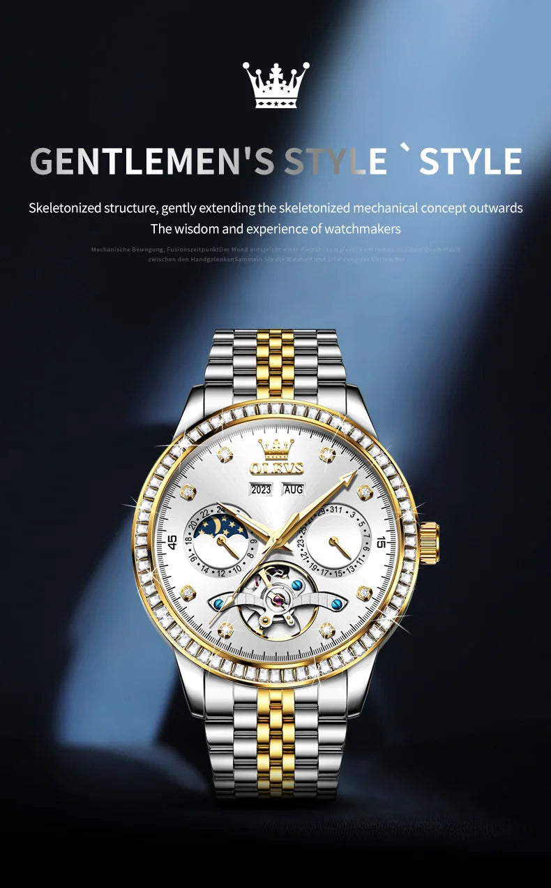 OLEVS 7016 Moon Phase Mens Watch Stainless Steel Diamond Bezel Hollowed Multifunctional Automatic Mechanical Wristwatch for Man
