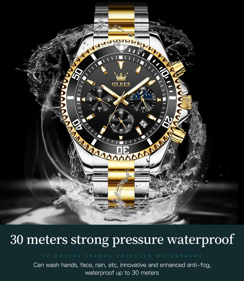 OLEVS Moon Phase Men's Watches Original Waterproof Luxury Quartz Watch Stainless Steel Chronograph Date Rota Dial Wristwatch