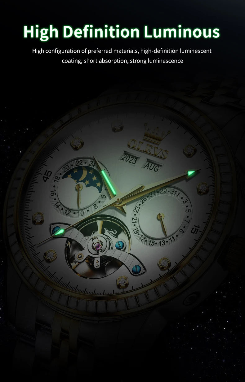 OLEVS 7016 Moon Phase Mens Watch Stainless Steel Diamond Bezel Hollowed Multifunctional Automatic Mechanical Wristwatch for Man