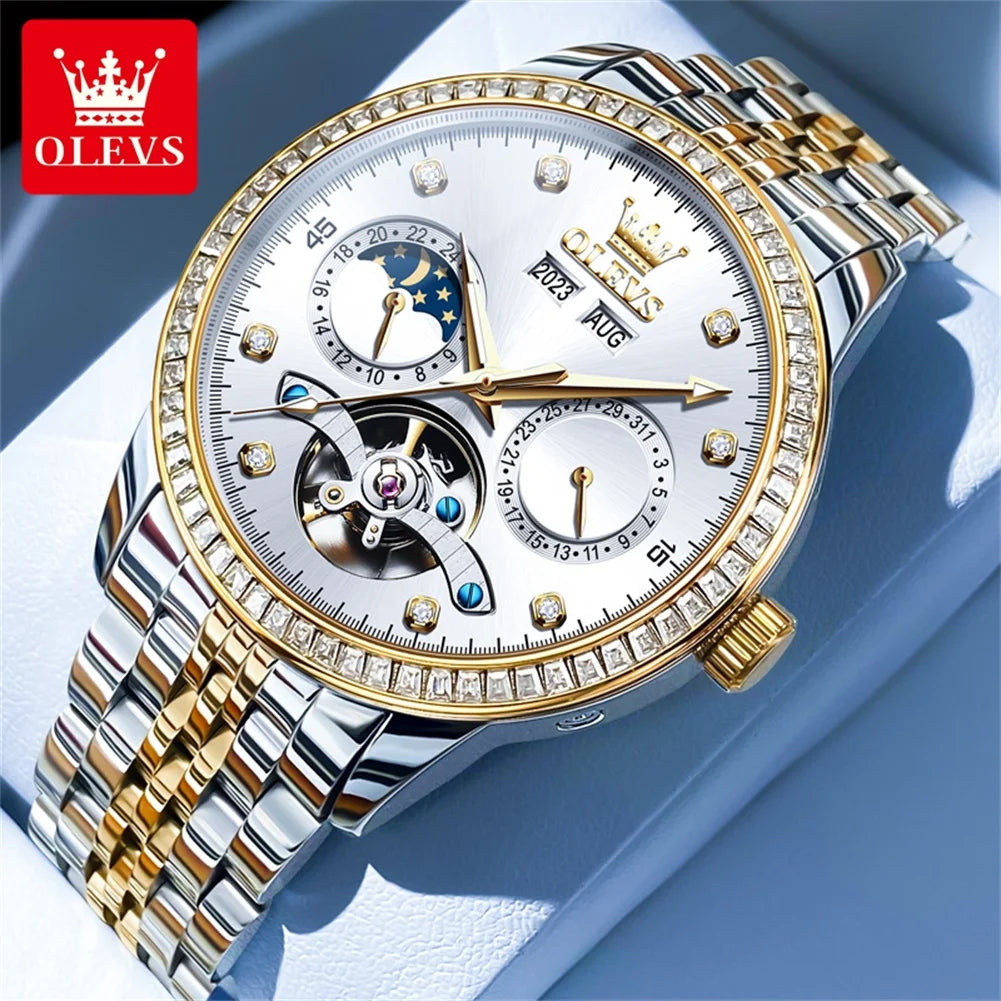 OLEVS 7016 Moon Phase Mens Watch Stainless Steel Diamond Bezel Hollowed Multifunctional Automatic Mechanical Wristwatch for Man
