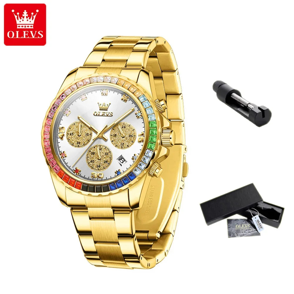 OLEVS Luxury Top Brand Quartz Men's Watch Multi function Stainless Steel Rainbow Gemstone Bezel Watch for Men reloj de hombre