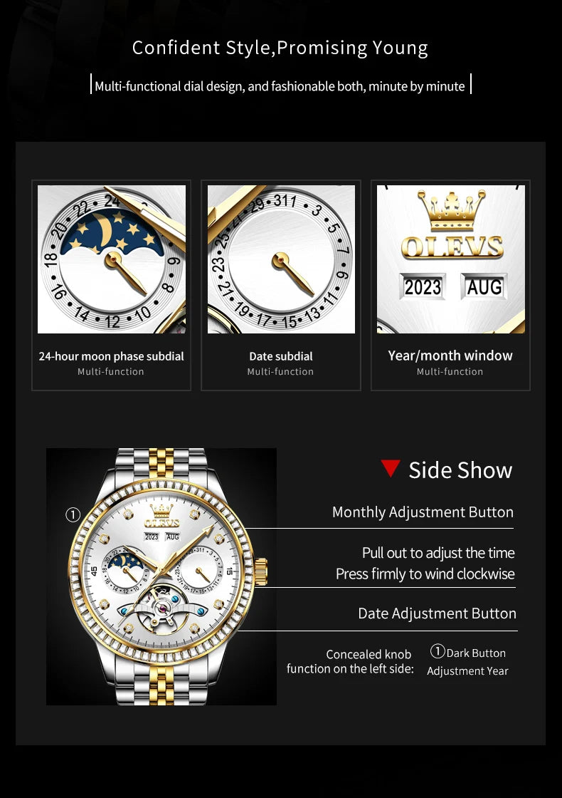 OLEVS 7016 Moon Phase Mens Watch Stainless Steel Diamond Bezel Hollowed Multifunctional Automatic Mechanical Wristwatch for Man