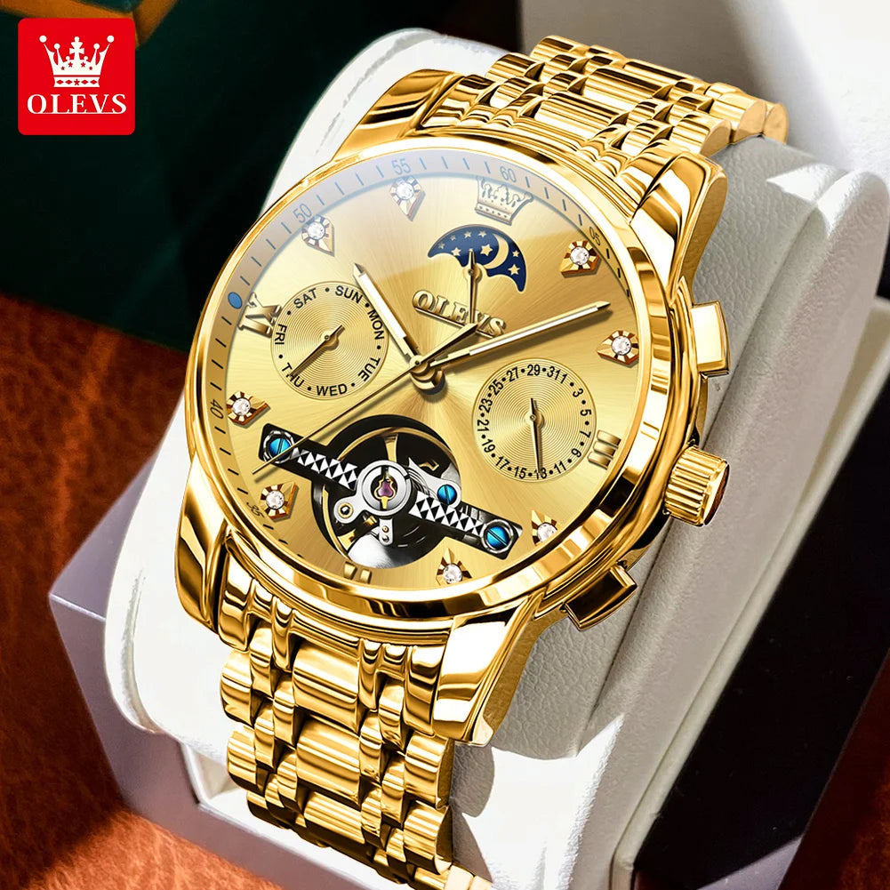 OELVS 6678 Men's Watches Luxury Original Automatic Mechanical Tourbillon Watch for Man Waterproof Luminous Date Week Moon Phase