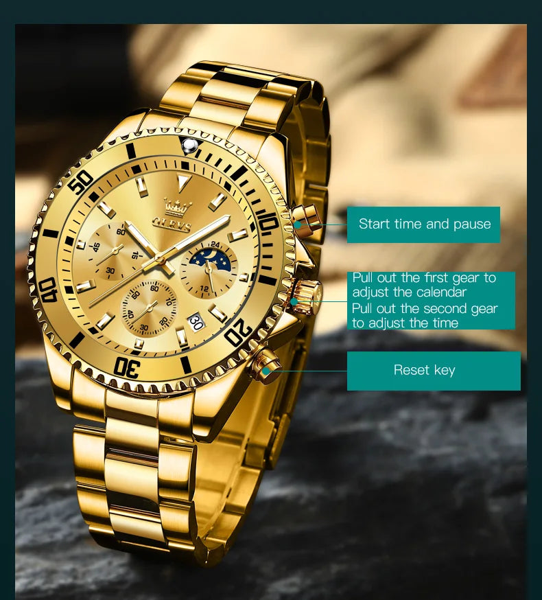 OLEVS 2870 Luxury Golden Watch for Men Fashion Business Waterproof Male Wristwatch Original Brand Moon Phase Quartz Men's Watch