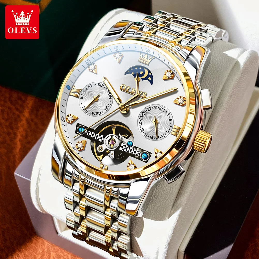 OELVS 6678 Men's Watches Luxury Original Automatic Mechanical Tourbillon Watch for Man Waterproof Luminous Date Week Moon Phase
