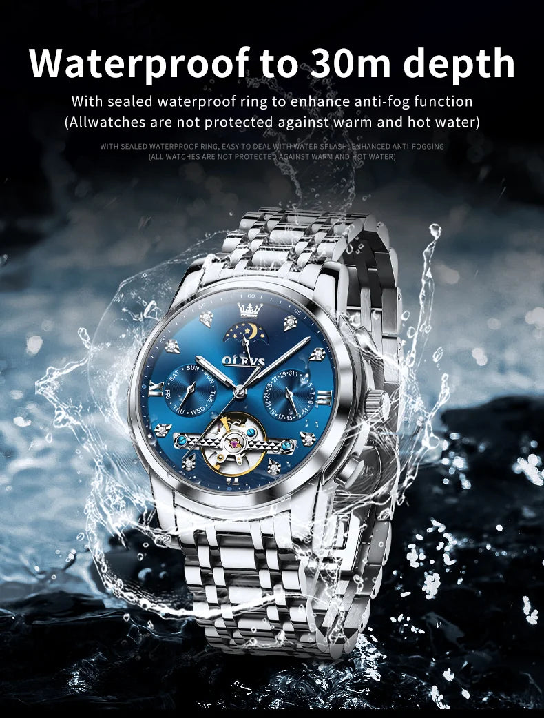 OELVS 6678 Men's Watches Luxury Original Automatic Mechanical Tourbillon Watch for Man Waterproof Luminous Date Week Moon Phase