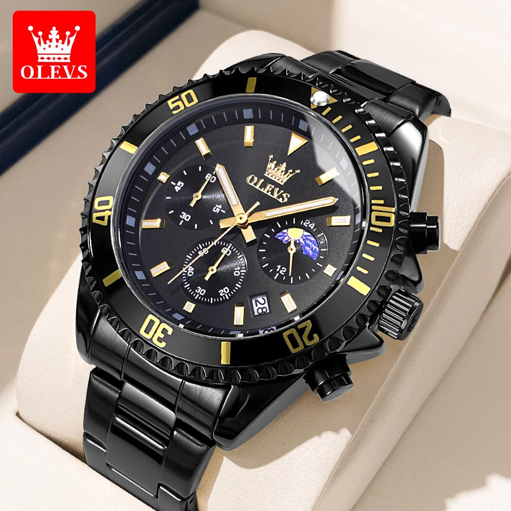 OLEVS 2870 Chronograph Quartz Business Men Watch Fashion Moon Phase Waterproof Watch For Men Stainless Steel Original Wristwatch