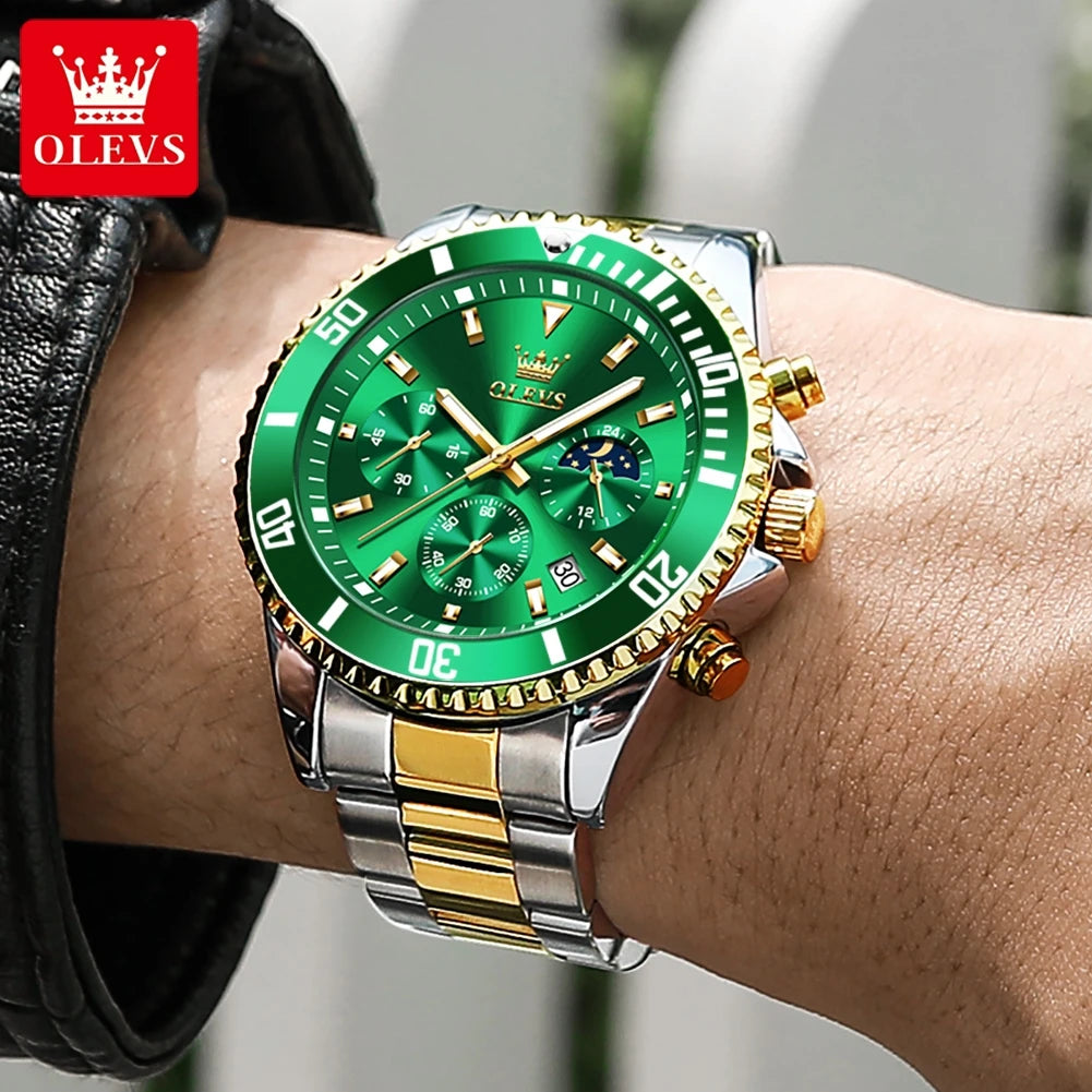 OLEVS 2870 Chronograph Quartz Business Men Watch Fashion Moon Phase Waterproof Watch For Men Stainless Steel Original Wristwatch