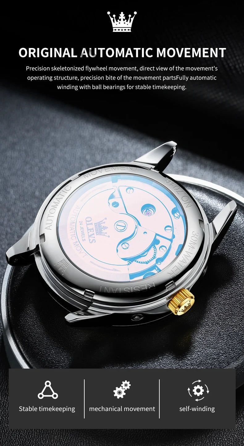 OLEVS 7016 Moon Phase Mens Watch Stainless Steel Diamond Bezel Hollowed Multifunctional Automatic Mechanical Wristwatch for Man