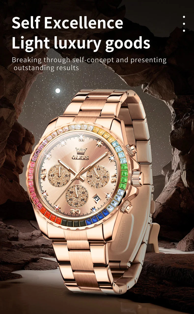 OLEVS Luxury Top Brand Quartz Men's Watch Multi function Stainless Steel Rainbow Gemstone Bezel Watch for Men reloj de hombre