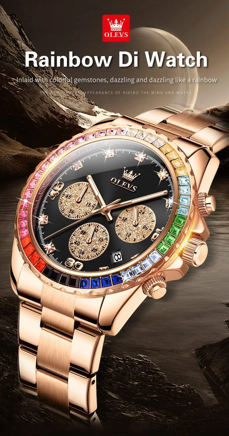 OLEVS Luxury Top Brand Quartz Men's Watch Multi function Stainless Steel Rainbow Gemstone Bezel Watch for Men reloj de hombre
