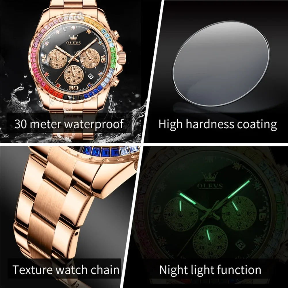 OLEVS Luxury Top Brand Quartz Men's Watch Multi function Stainless Steel Rainbow Gemstone Bezel Watch for Men reloj de hombre