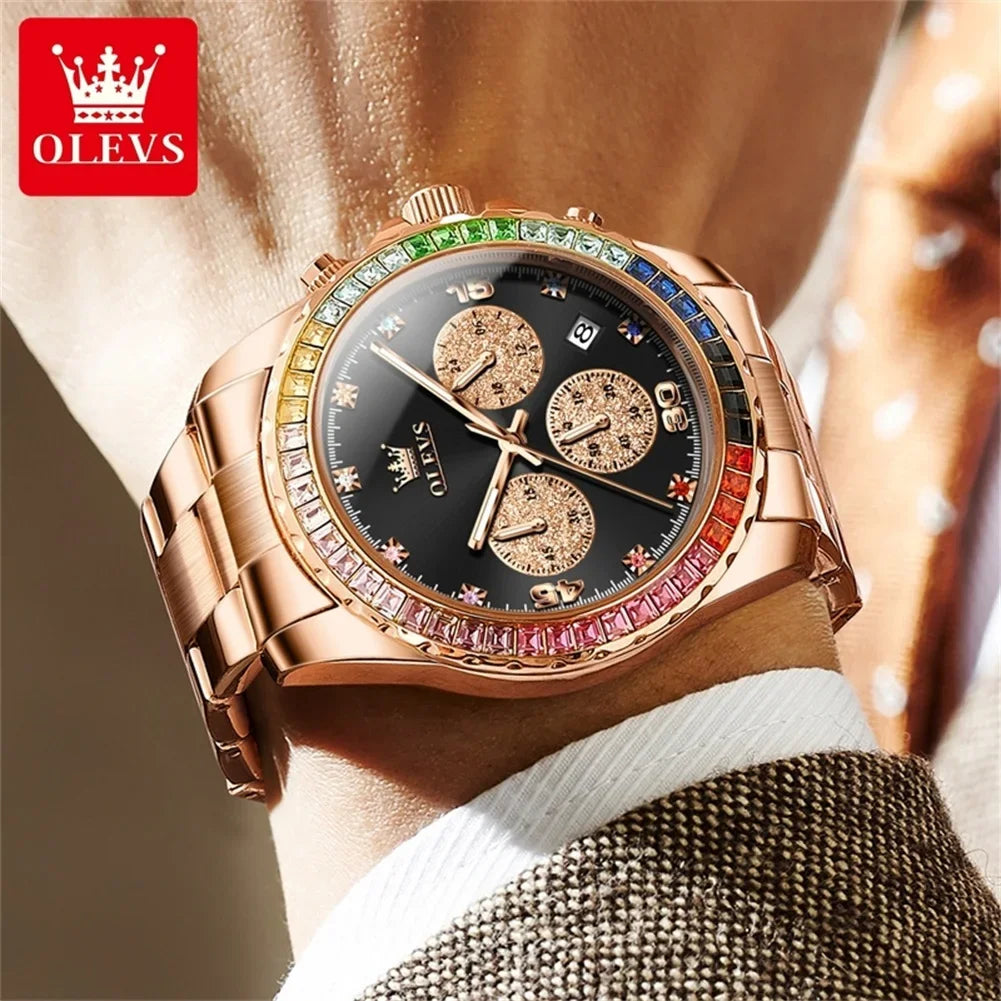 OLEVS Luxury Top Brand Quartz Men's Watch Multi function Stainless Steel Rainbow Gemstone Bezel Watch for Men reloj de hombre