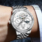 OLEVS 7016 Moon Phase Mens Watch Stainless Steel Diamond Bezel Hollowed Multifunctional Automatic Mechanical Wristwatch for Man