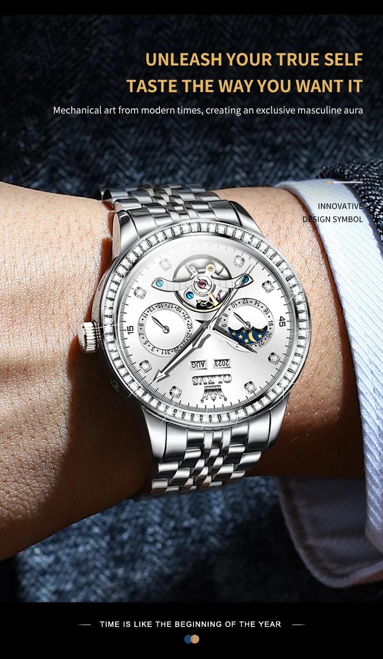 OLEVS 7016 Moon Phase Mens Watch Stainless Steel Diamond Bezel Hollowed Multifunctional Automatic Mechanical Wristwatch for Man