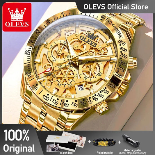OLEVS Men's Watches Gold Luxury Hollow Out Style Original Quartz Watch for Man Waterproof Luminous Chronograph Date 24 Hours