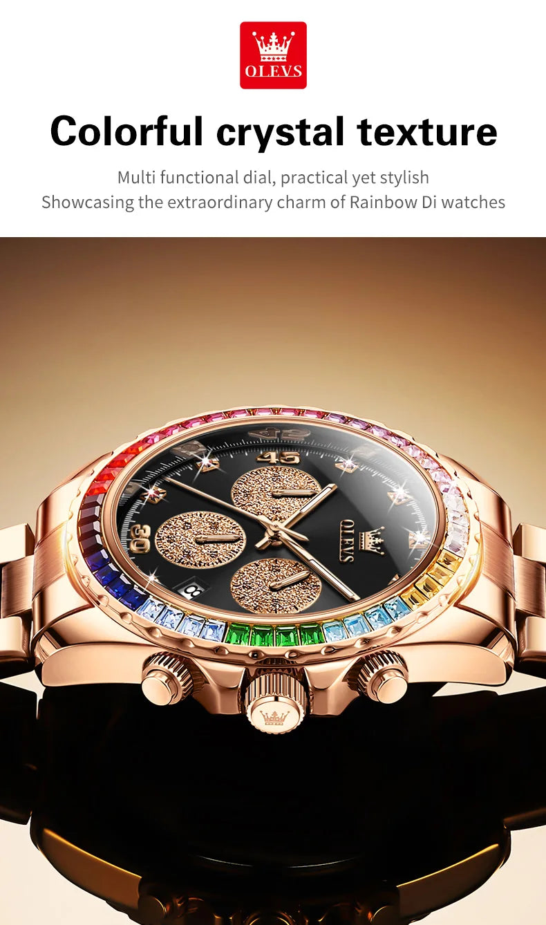 OLEVS Luxury Top Brand Quartz Men's Watch Multi function Stainless Steel Rainbow Gemstone Bezel Watch for Men reloj de hombre