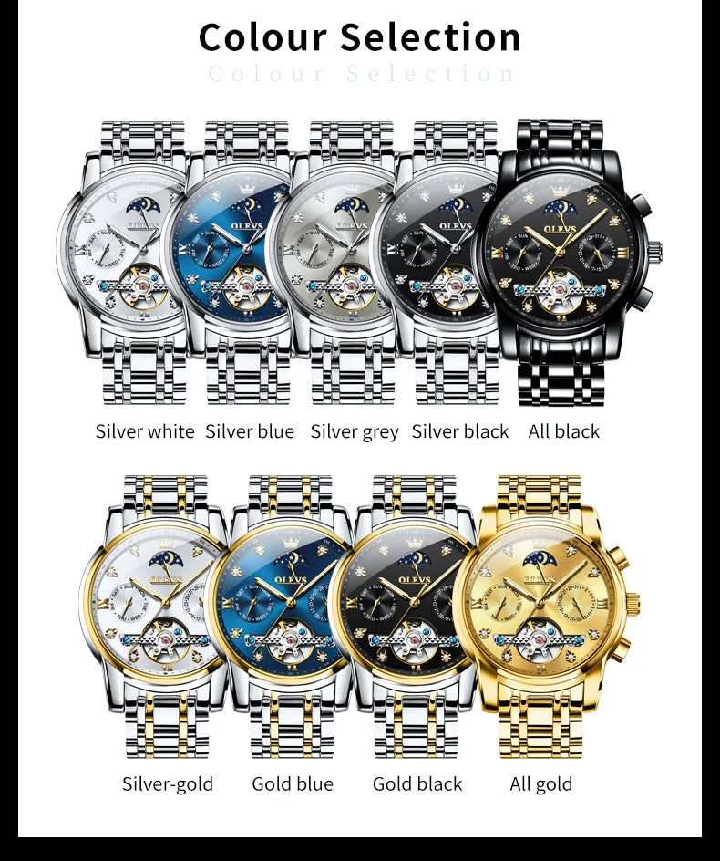 OELVS 6678 Men's Watches Luxury Original Automatic Mechanical Tourbillon Watch for Man Waterproof Luminous Date Week Moon Phase
