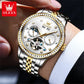 OLEVS 7016 Moon Phase Mens Watch Stainless Steel Diamond Bezel Hollowed Multifunctional Automatic Mechanical Wristwatch for Man