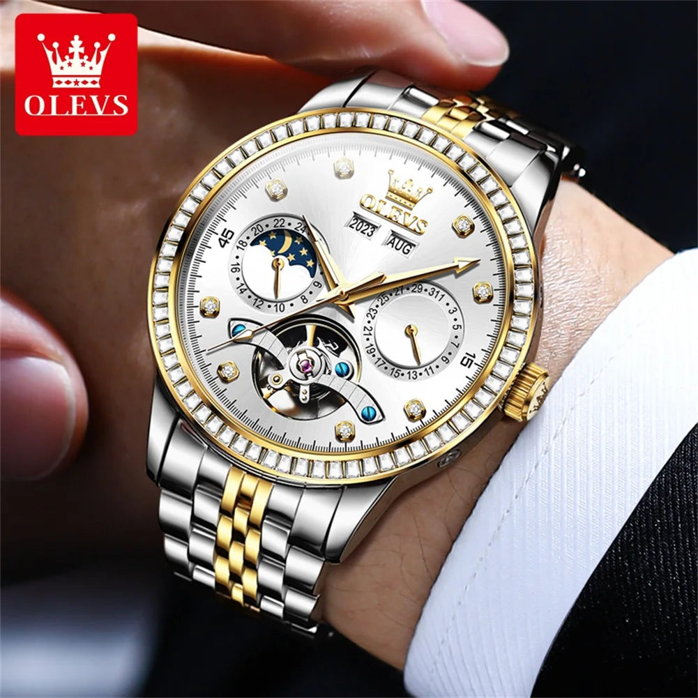 OLEVS 7016 Moon Phase Mens Watch Stainless Steel Diamond Bezel Hollowed Multifunctional Automatic Mechanical Wristwatch for Man