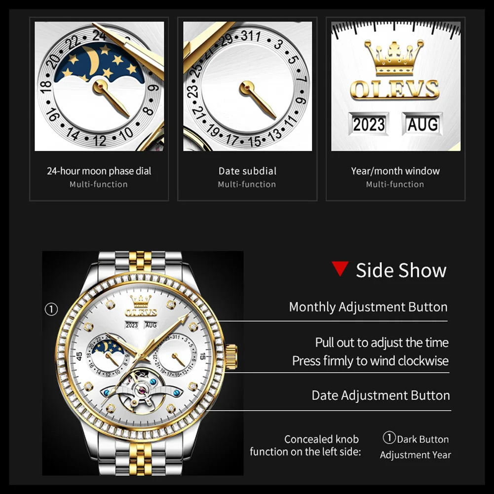 OLEVS 7016 Moon Phase Mens Watch Stainless Steel Diamond Bezel Hollowed Multifunctional Automatic Mechanical Wristwatch for Man
