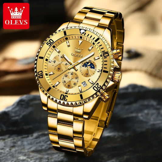 OLEVS 2870 Luxury Golden Watch for Men Fashion Business Waterproof Male Wristwatch Original Brand Moon Phase Quartz Men's Watch